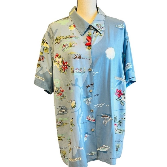 Vintage 90s Blouse Silk Button Front Florida Coast Tropics Floral Blue size 20W - Picture 1 of 16